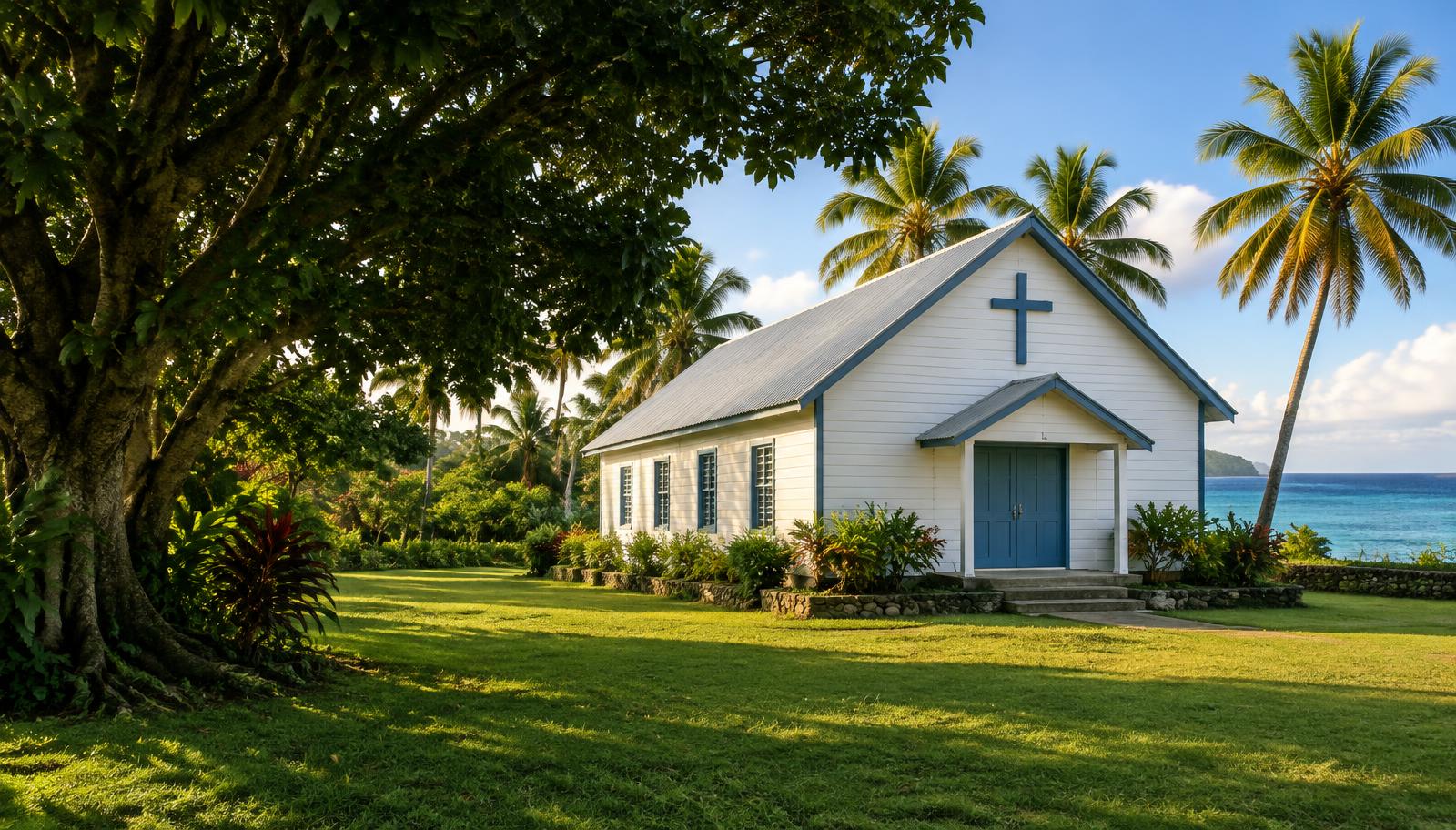 AI-created illustration of a coastal church in a tropical landscape